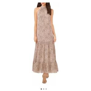 VINCE CAMUTO Tiered Printed Leopard Pattern Maxi Dress Halter Neck Sleeveless M
